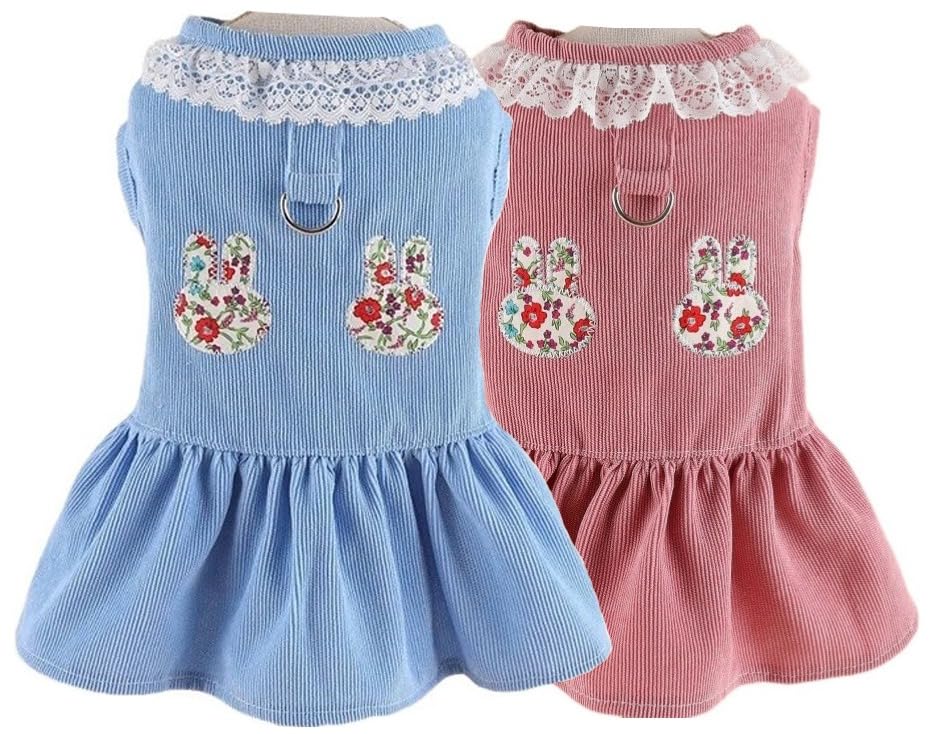 KUTKUT 2Pcs Small Dog Cat Harness Dress with D Ring Rabbit Patch Lace Princess Puppy Dress Skirt Thick Corduroy Holiday Pet Clothes Dresses for Yorkii,Maltese, Bichon - kutkutstyle