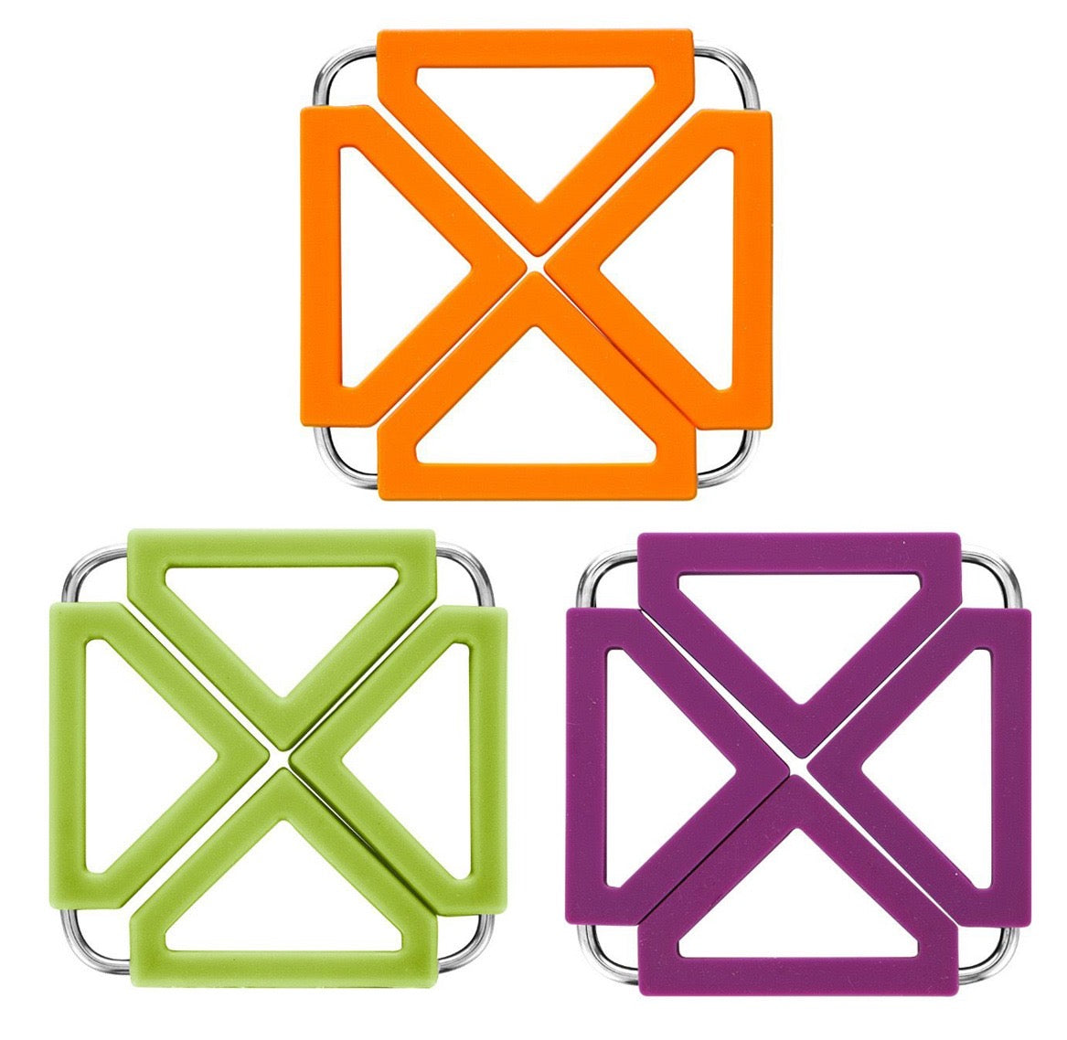 EZYHOME 3Pcs Heat Resistant Food Grade Silicon Trivet Mat, Expendable Hot Pot Holder With Stainless Steel Frame Non- Slip Mat For Home Kitchen