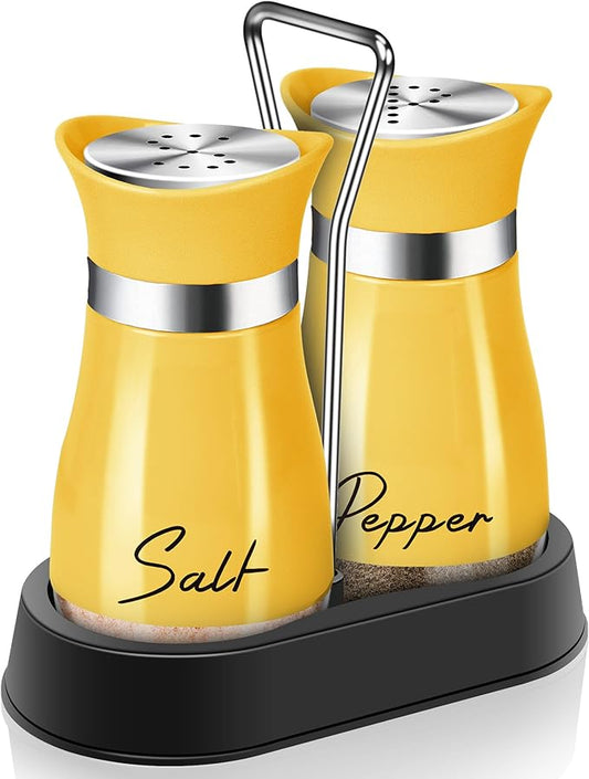 EZYHOME Salt and Pepper Shakers Set Stainless Steel Salt Shaker and Pepper Shaker Set with Holder Refillable Screw-Off Perforated S and P Caps for Kitchen Table Decor(Color: Yellow)