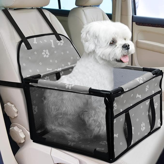 KUTKUT Small Dog Cats Car Seat Foldable Dog Car Booster Seat Upgrade Puppy Pet Seat Waterproof Breathable Oxford Travel Bag with 12PVC Tubes for Small Dogs, Cats, Puppies Paws-Pattern (Grey)…