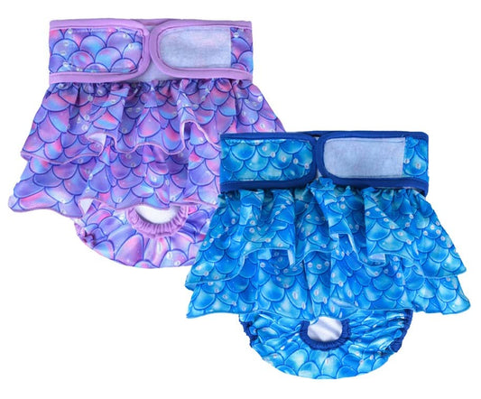 KUTKUT 2 Pcs  Female Dog Adjustable Diapers Reusable Washable Super Absorbency Leak-Proof Mermaid Pattern Nappie Dress for Dogs in Heat, Period or Excitable Urination, Sanitary Panties - kutk