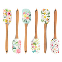EZYHOME 6Pcs Floral Silicone Spatula with Wood Handle – BPA Free, Heat-Resistant, Ideal for Baking, Mixing & Meal Prep (30cm *6 cm)