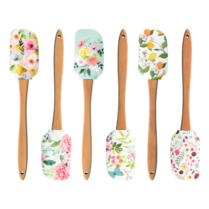 EZYHOME 6Pcs Floral Silicone Spatula with Wood Handle – BPA Free, Heat-Resistant, Ideal for Baking, Mixing & Meal Prep (30cm *6 cm)