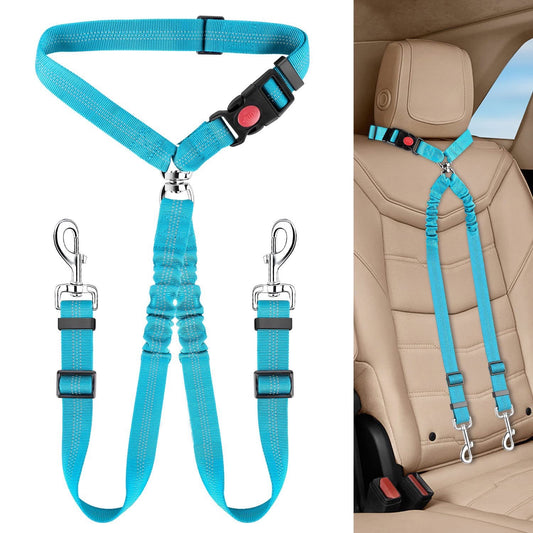 KUTKUT Double Dog Seat Belt, Dual Pet Car Headrest Restraint Safety Seatbelt No Tangle Dog Leash Duty Adjust Elastic Bungee Lead Splitter Connect Harness in Vehicle Travel for 2 Dogs (Blue)