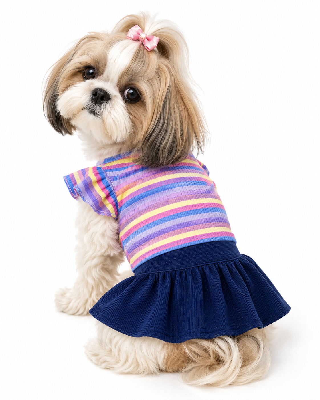 KUTKUT Cute Pet Skirt Set for Small Dogs & Cats, Multicolor Striped Ribbed Top with Ruffle Sleeves and Navy Blue Skirt, Fashionable 2-Piece Pet Clothing for Shihtzu, Pug etc