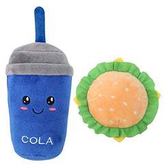 KUTKUT 2 Pack Squeaky Dog Toys, Non-Toxic and Safe Chew Toys for Puppy with Funny Food Cola Hamburger Shape, Durable Interactive Crinkle Plush Dog Toy for Small, Medium Dogs - kutkutstyle