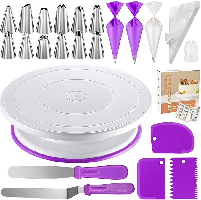 EZYHOME 71PCs Cake Decorating Kit, Baking Supplies Tools - Includes Cake Stand Turntable, 12 Icing Piping Tips Set, 2 Frosting Spatulas, 3 Scrapers, 50+2 Piping Bags,Coupler