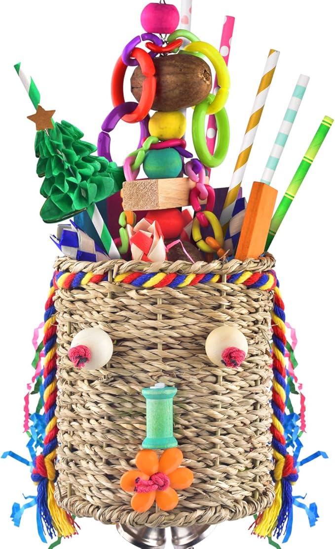 KUTKUT Hanging  Bird Foraging Toys, Natural Grass Basket With Shredding Papers, Wooden Blocks & Colourful Chew Toys for Parakeets, Cockatiels, Conures, Small and Medium Bird Cage Accessories