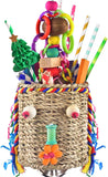 KUTKUT Hanging  Bird Foraging Toys, Natural Grass Basket With Shredding Papers, Wooden Blocks & Colourful Chew Toys for Parakeets, Cockatiels, Conures, Small and Medium Bird Cage Accessories