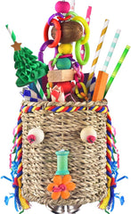 KUTKUT Hanging  Bird Foraging Toys, Natural Grass Basket With Shredding Papers, Wooden Blocks & Colourful Chew Toys for Parakeets, Cockatiels, Conures, Small and Medium Bird Cage Accessories