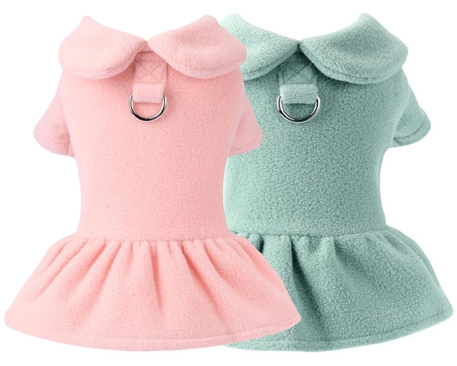 KUTKUT Set of 2Pcs Winter Dog Cat Girl Harness Dress with Leash Ring, Polar Fleece Puppy Kitten Sweater Dress for Kitten, Chiuhuahua, Yorkshire, Toypom etc - kutkutstyle