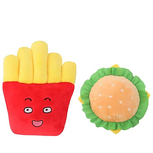 KUTKUT 2 Pack Squeaky Dog Toys, Non-Toxic and Safe Chew Toys for Puppy with Funny Food Fries Hamburger Shape, Durable Interactive Crinkle Plush Dog Toy for Small, Medium Dogs - kutkutstyle