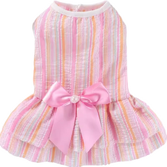 KUTKUT Small Dog Cat Girl Dress Cute Bowknot Tutu Dress Striped Summer Dog Clothes for Small Dogs Girl Toypom, Yorkshire, Mltese Cat Pet Apparel Outfit (Pink)