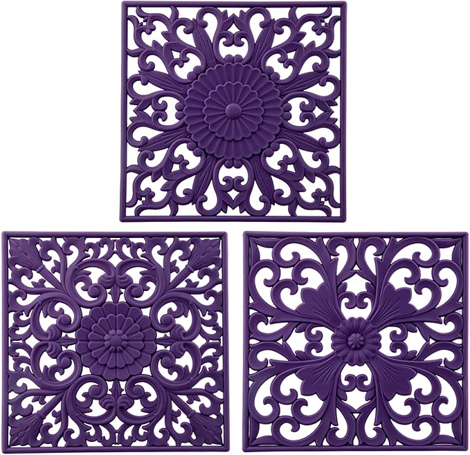 EZYHOME 3Pcs Silicone Trivets for Hot Dishes, Pots & Pans, Square Hot Pads for Kitchen, Heat Resistant Mats for Kitchen Counter, Multi Use Silicone Pot Holders, Flexible Trivet Mat