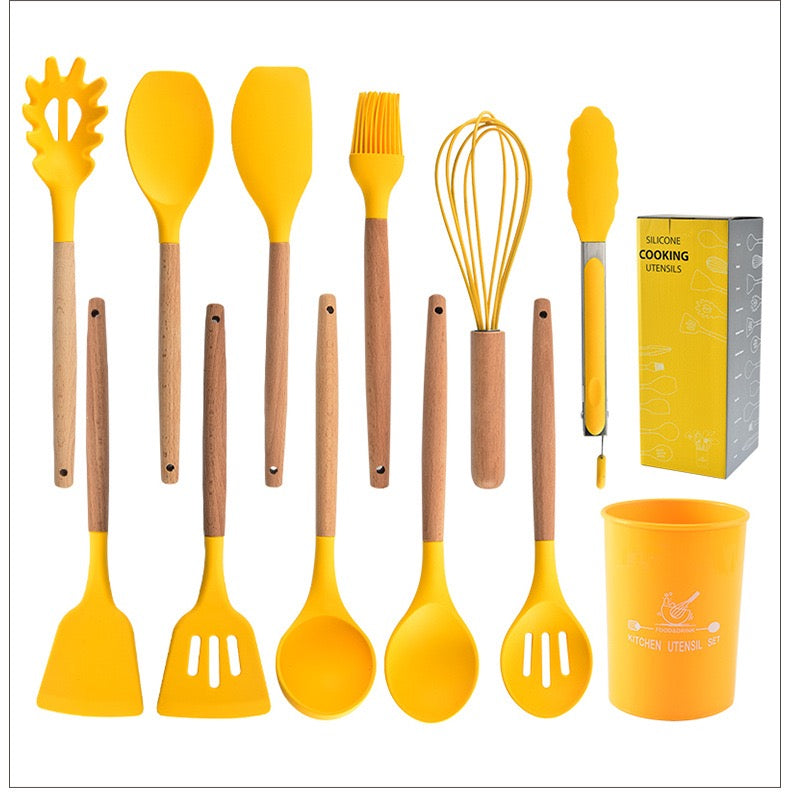 EZYHOME Silicone Cooking Utensils Set, 12-Piece Heat Resistant Kitchen Utensils Set with Wooden Handle for Nonstick Cookware, Kitchen Nonstick Tools Spatula Whisk Tongs Ladle, Non-Toxic & Healthy (Yellow)