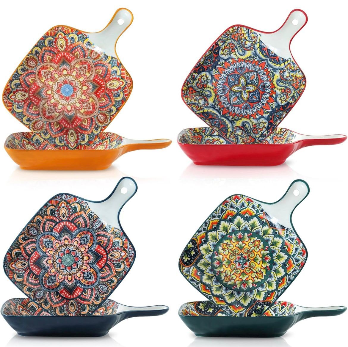 EZYHOME 4Pcs Ceramic Bohemian Baking Plate With Handle Family Dish Plate Salad Plate with Handle, Platter for Pasta, Maggi, Noodles, Manchurian, Dessert, Ice Cream, Microwave & Dishwasher Safe
