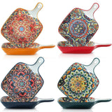 EZYHOME 4Pcs Ceramic Bohemian Baking Plate With Handle Family Dish Plate Salad Plate with Handle, Platter for Pasta, Maggi, Noodles, Manchurian, Dessert, Ice Cream, Microwave & Dishwasher Safe