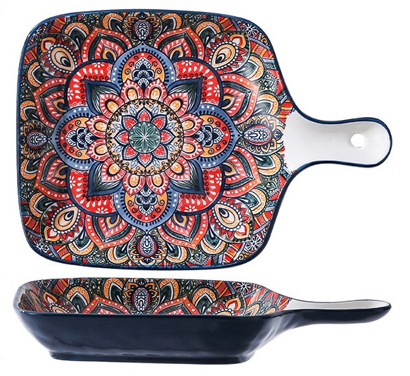 EZYHOME Ceramic Appetizer Plate With Handle Ceramic Ins Plate Salad Plate with Handle, Platter for Pasta, Maggi, Noodles, Manchurian, Dessert, Ice Cream, Microwave Oven & Dishwasher Safe