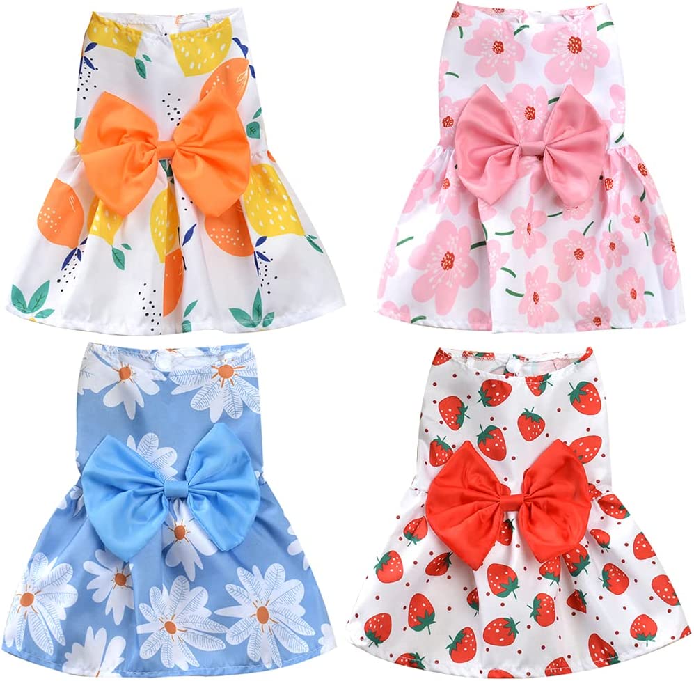 KUTKUT Dog Dresses for Small Dogs Girls, Floral Puppy Dresses, 4 Pieces Pet Dog Princess Bowknot Dress, Cute Doggie Summer Outits for Yorki, Shihtzu, Maltese etc - kutkutstyle