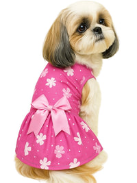 KUTKUT Cute Pink Floral Small Dog Cat Girl Dress With Pretty Satin Bow - Soft, Breathable & Lightweight Pet Apparel For ShihTzu, Maltese, Poodles, Cats, Puppies Summer Party Dress