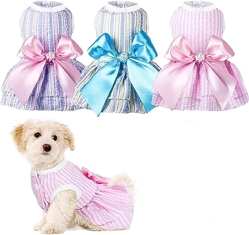KUTKUT Pack of 3 Dresses for Small Puppy Kitten Rabbit Girl Clothes, Female Princess Tutu Striped Summer Skirt for Chiuhuahua Cat Pet Apparel Outfits