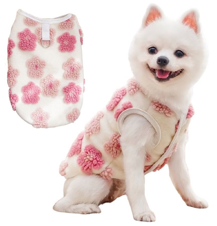 KUTKUT Small Dog Cat Flower Sleeveless Winter Vest Soft Warm Coral Fleece Double Layer Cozy Soft Button Open Sweater Small Doggie Outfit for Maltese, ToyPoodle, Toypom (Pink Floral)