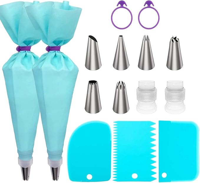 EZYHOME 15pcs Piping Bags and Tips Set, Reusable Piping Bags, Frosting Piping Kit for Baking with Pastry Bags and Tips, Standard Converters, Silicone Rings, Cake Decorating Tools Supplies for Cookie Icing, Cupcake