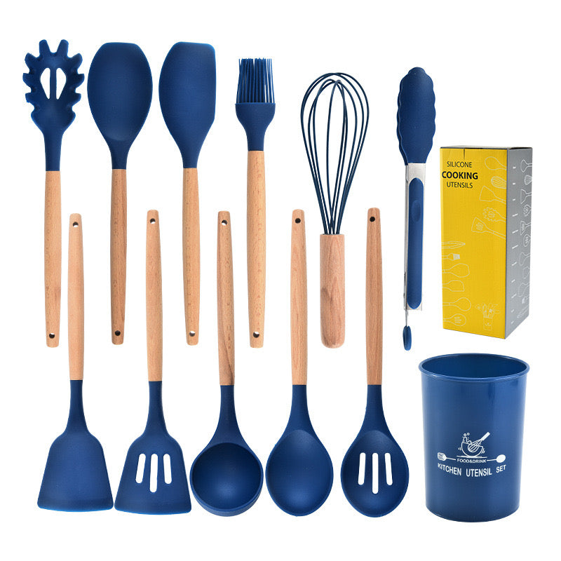 EZYHOME 12Pcs Silicone Cooking Kitchen Utensils Set with Holder,Wooden Handles Cooking Tool,BPA Free,Non Toxic Turner Tongs Spatula Spoon Kitchen Gadgets Set for Nonstick Cookware (Blue)