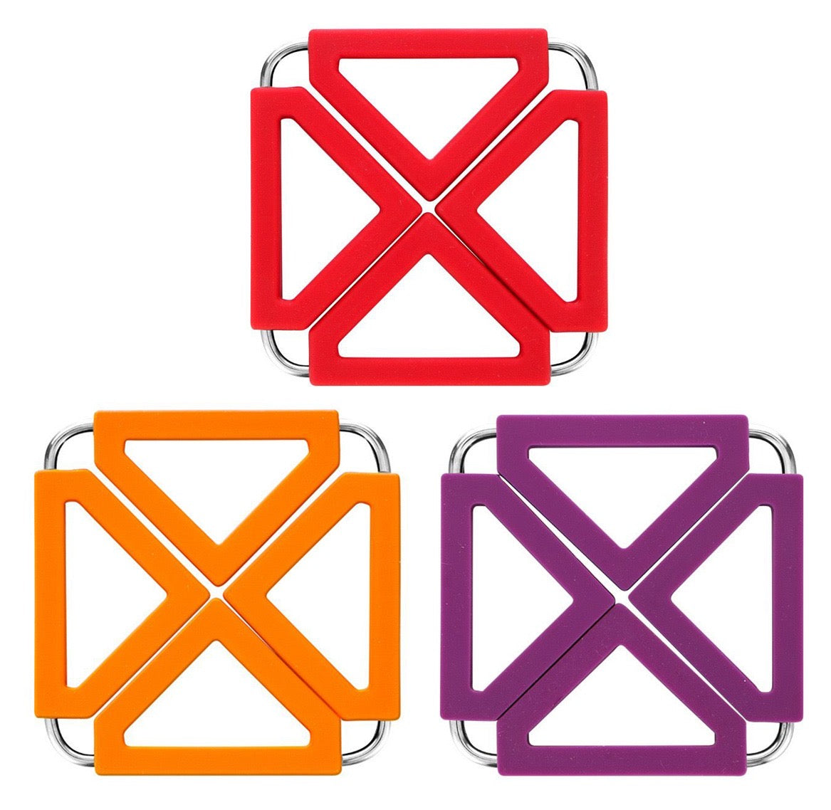 EZYHOME 3Pcs Silicone Trivet Mat Expandable Hot Pot Holder with Stainless Steel Frame for Home Kitchen Heat Resistant Insulated Hot Pads Coasters Table Dish Mat Tableware Placemat