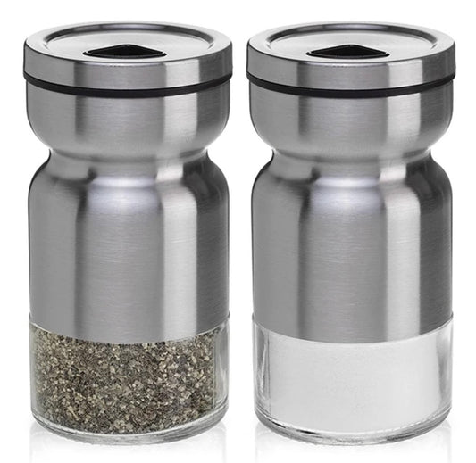 EZYHOME Silver Finished Stainless Steel Metal Salt Pepper Shaker Salt and Pepper Dispenser with Glass Bottom, Cute Salt and Pepper Shakers for Kitchen Decor and Accessories, Easy Filling