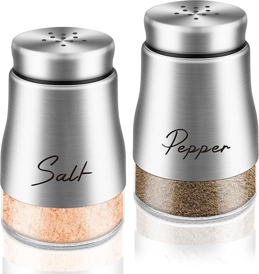 EZYHOME Silver Salt and Pepper Shakers Set, Salt and Pepper Dispenser with Glass Bottom, Cute Salt and Pepper Shakers for Silver Kitchen Decor and Accessories, Easy Filling