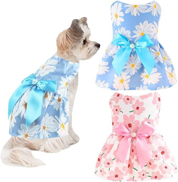 KUTKUT Pack of 2 Dog Girl Dresses, Small Dogs Clothes Girls Outfit for Pets Puppy Dresses Floral Summer Cute Female Cat Small Doggi Dress For ShihTzu, Poodle, Pug etc