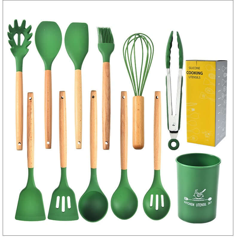 EZYHOME 12Pcs Silicone Cooking Kitchen Utensils Set with Holder, Wooden Handles BPA Free Non Toxic Silicone Turner Tongs Spatula Spoon Kitchen Gadgets Utensil Set for Nonstick Cookware (Green)