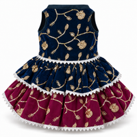 KUTKUT Zari Embroidered Festive Dress for Small Dogs and Cats, Sleeveless, Sequin Work, Two-Layer Skirt, Silver LCE Trim Outfit for Diwali & Celebrations (Dark Blue & Plum Maroon)