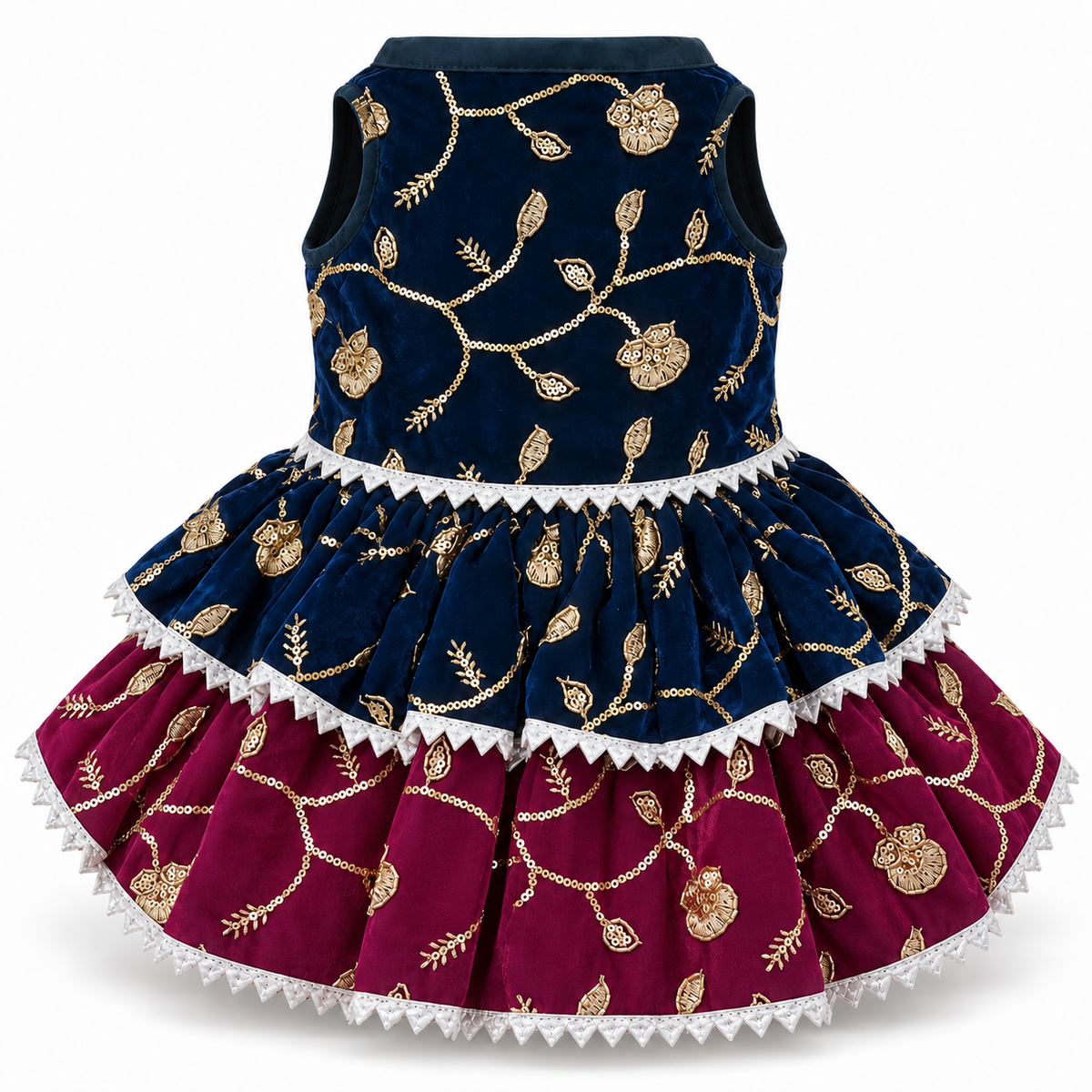 KUTKUT Zari Embroidered Festive Dress for Small Dogs and Cats, Sleeveless, Sequin Work, Two-Layer Skirt, Silver LCE Trim Outfit for Diwali & Celebrations (Dark Blue & Plum Maroon)