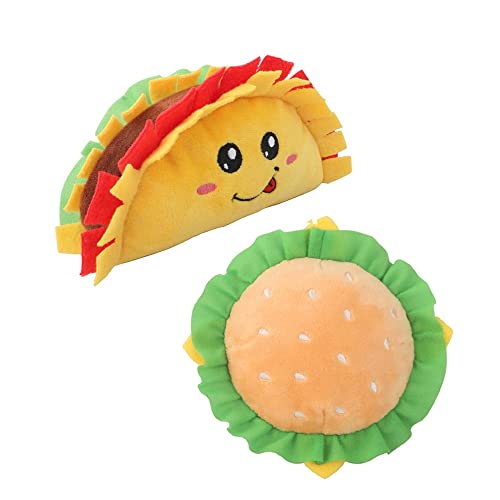 KUTKUT 2 Pack Squeaky Dog Toys, Non-Toxic and Safe Chew Toys for Puppy with Funny Food Taco Hamburger Shape, Durable Interactive Crinkle Plush Dog Toy for Small, Medium Dogs - kutkutstyle
