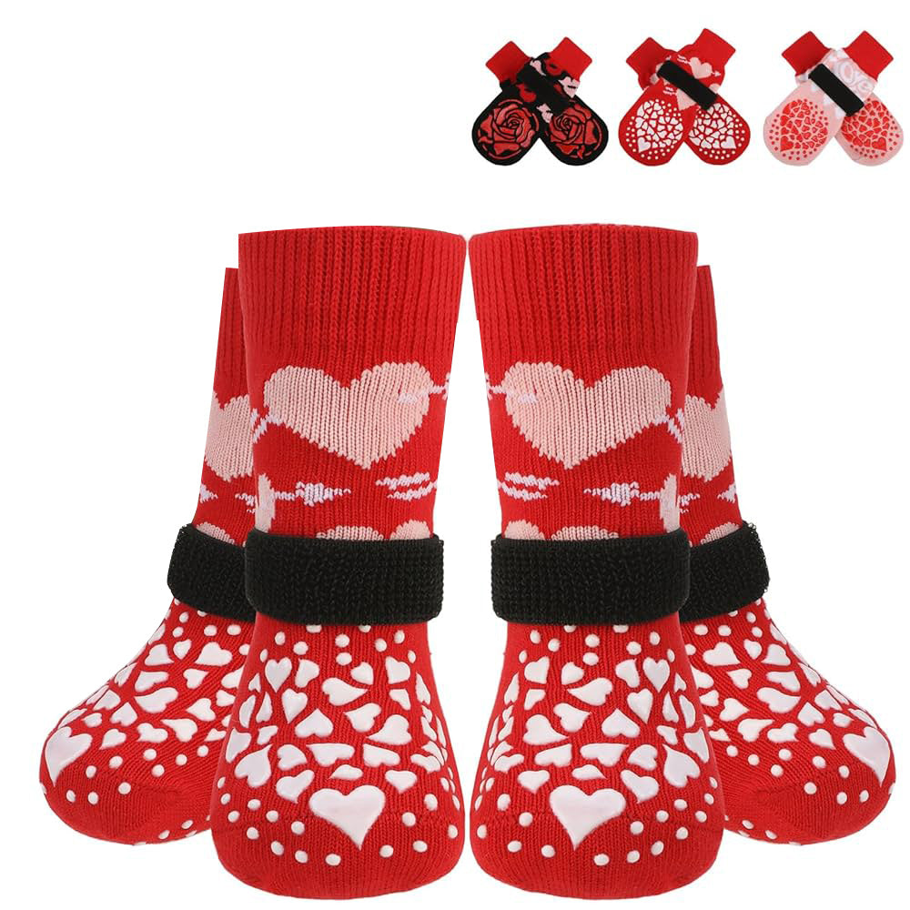 KUTKUT Non-Slip Small Dog Socks with Adjustable Straps for Hardwood Floors- Double Sided Non-Skid Indoor Traction Paw Socks for Shihtzu, Poodle, Cavalier King, Pug, & Senior Dogs