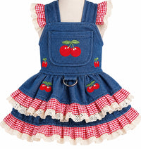 KUTKUT Small Dog Cat Denim Dress with Cherry Embroidery, Red Gingham Ruffles & Lace Trim- Cute Princess Party Dress for Maltese, Pomeranian, Shihtzu, Kittens