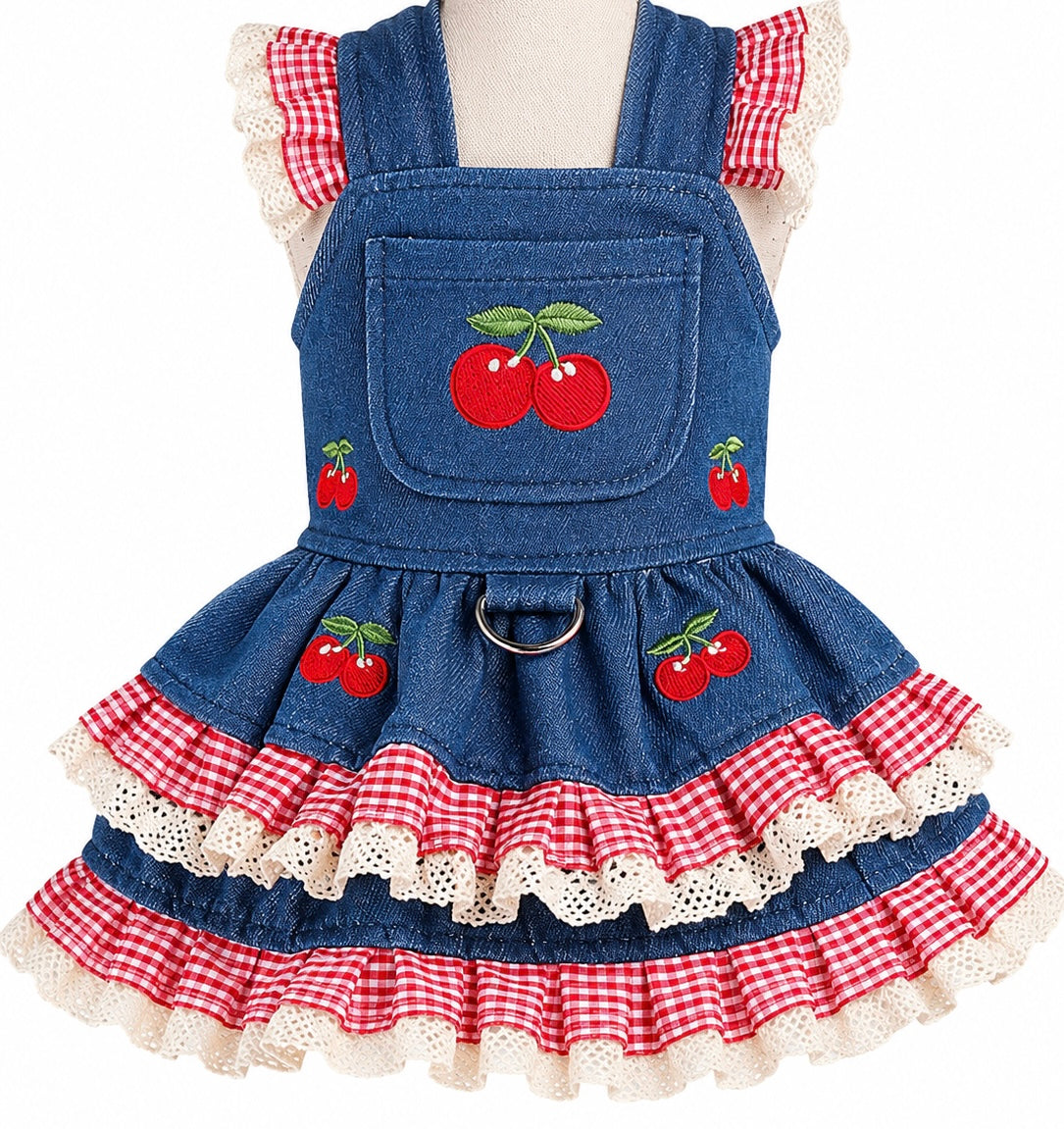 KUTKUT Small Dog Cat Denim Dress with Cherry Embroidery, Red Gingham Ruffles & Lace Trim- Cute Princess Party Dress for Maltese, Pomeranian, Shihtzu, Kittens