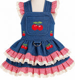 KUTKUT Small Dog Cat Denim Dress with Cherry Embroidery, Red Gingham Ruffles & Lace Trim- Cute Princess Party Dress for Maltese, Pomeranian, Shihtzu, Kittens