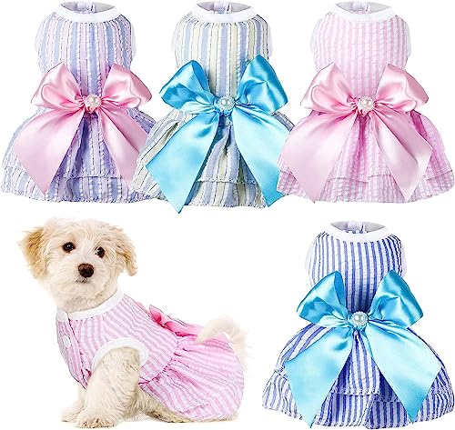 KUTKUT Pack of 4 Dresses for Small Girl Puppy Kitten RABIT Clothes, Female Princess Tutu Striped Summer Skirt Cat Pet Apparel Outfits