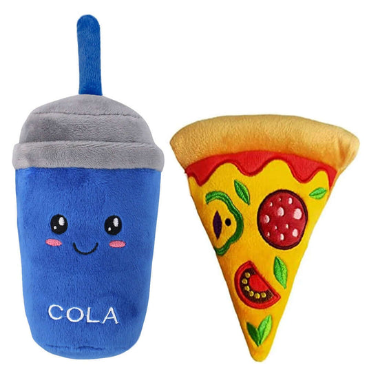 KUTKUT 2 Pack Squeaky Dog Toys, Non-Toxic and Safe Chew Toys for Puppy with Funny Food Cola Pizza Shape, Durable Interactive Crinkle Plush Dog Toy for Small, Medium Dogs - kutkutstyle