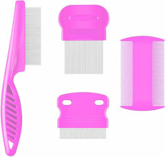 KUTKUT 4Pcs Flea Lice Comb, Stainless Steel Dog Cat Grooming Combs with Rounded Teeth, Double Sided Professional Pet Tear Stain Remover, Dematting Tool for Small, Medium & Large Pets (PINK)