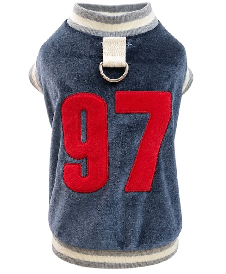 KUTKUT Small Dog Cat Velvet Varsity Steel Blue T-Shirt with Leash D-Ring, Soft Pet Sweatshirt with 97 Design, Ribbed Neck & Sleeves for Small Dogs Maltese, Yorkshire Cats etc (Blue)