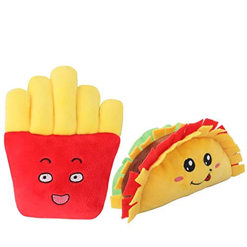 KUTKUT 2 Pack Squeaky Dog Toys, Non-Toxic and Safe Chew Toys for Puppy with Funny Food Taco Fries Shape, Durable Interactive Crinkle Plush Dog Toy for Small, Medium Dogs - kutkutstyle