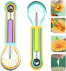 EZYHOME 2Pcs Melon Baller Scoop Set, 4 in 1 Stainless Steel Fruit Tool Set, Fruit Carving Tools for Dig Pulp Separator, Watermelon Cutter Slicer Scooper (Yellow & Green)