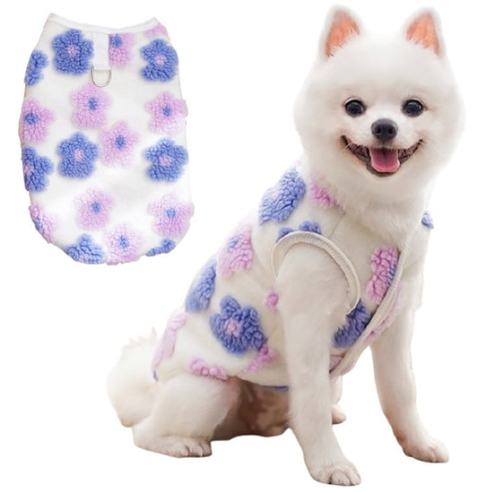 KUTKUT Winter Small Dog Cat Floral Sleeveless Vest Soft Warm Coral Fleece Double Layer Cozy Soft Button Open Sweater Small Doggie Outfit for Maltese, ToyPoodle, Toypom (Purple Floral)