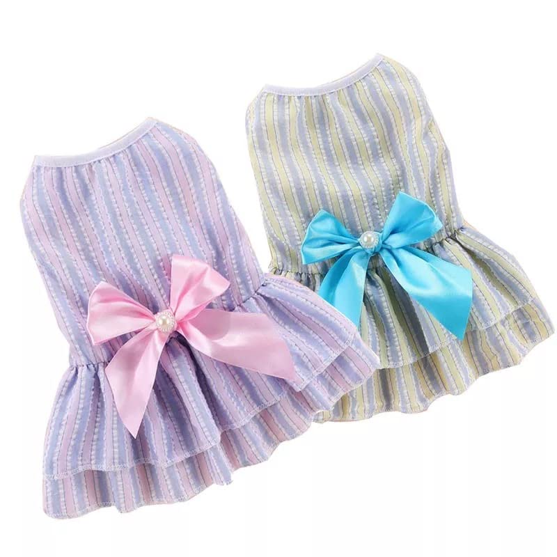 KUTKUT Set of 2 Frock Dress for Small Dog Cat Girl Puppy Clothes Female Princess Tutu Striped Summer Skirt for Shihtzu, ToyPoodle, Bichon etc Cat Pet Apparel