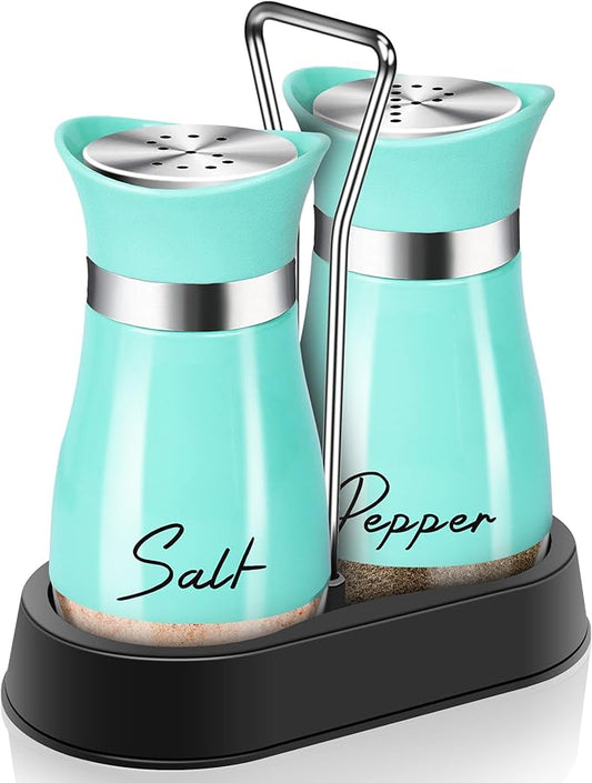 EZYHOME Salt and Pepper Shakers Set Stainless Steel Salt Shaker and Pepper Shaker Set with Holder Refillable Screw-Off Perforated S and P Caps for Kitchen Table Decor(Color:Teal)