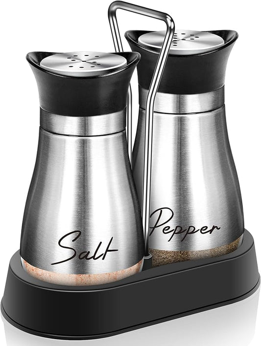 EZYHOME Salt and Pepper Shakers Set Stainless Steel Salt Shaker and Pepper Shaker Set with Holder Refillable Screw-Off Perforated S and P Caps for Kitchen Table Decor(Color:Silver)